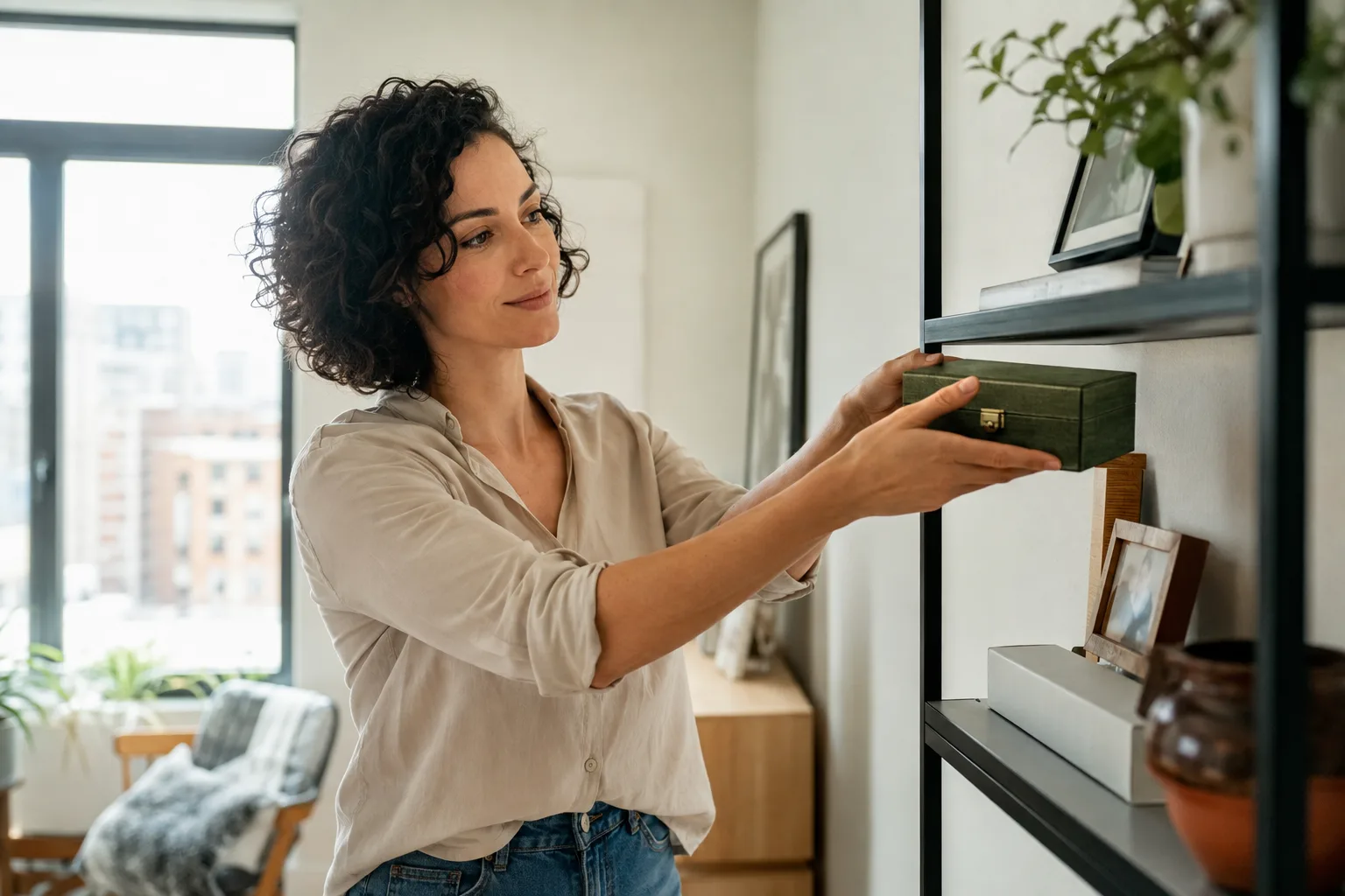 A thoughtful woman putting a closed keepsake box on a shelf in a bright apartment