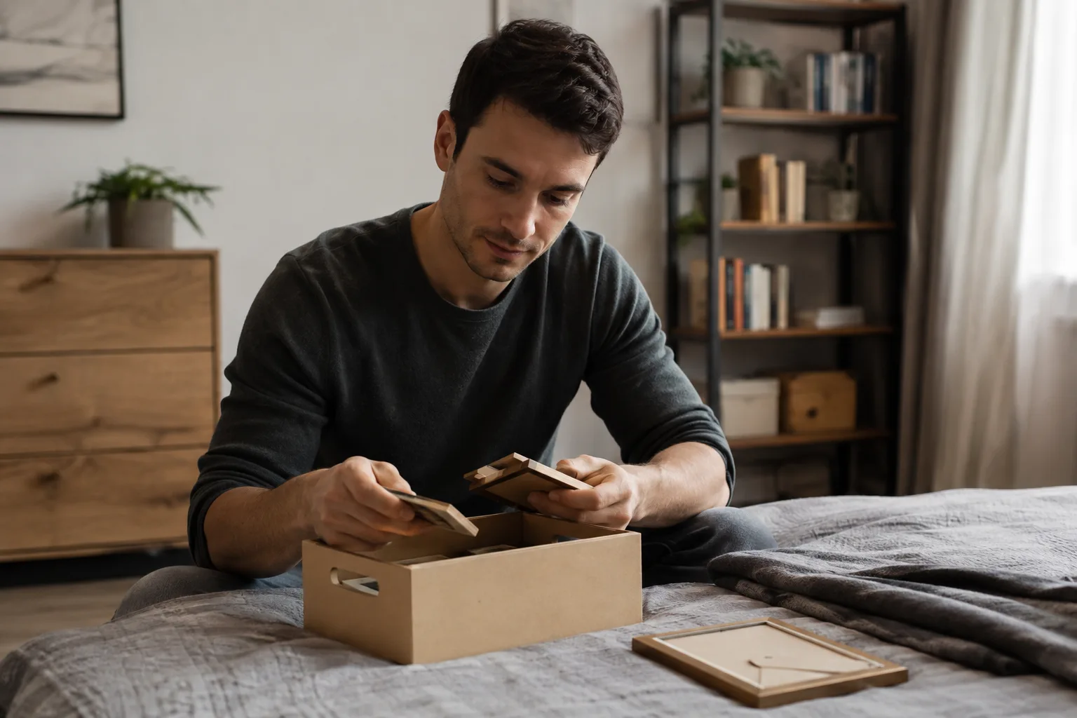 A man places shared keepsakes into a memory box while holding a face-down picture frame
