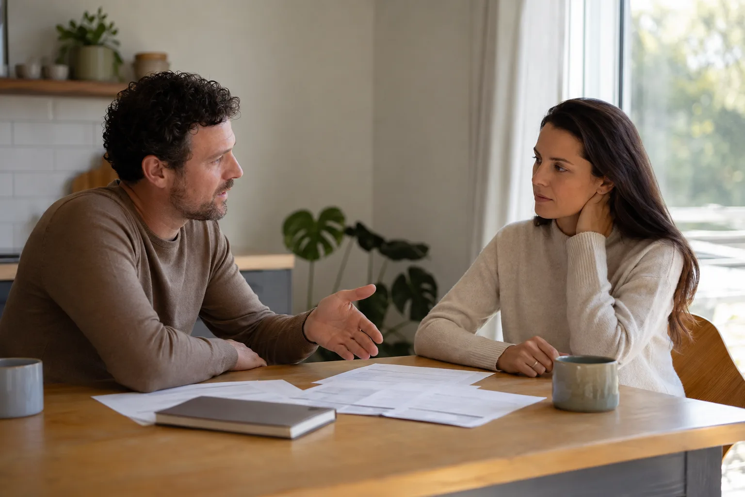 A couple remains at a kitchen table for a serious conversation about household planning papers