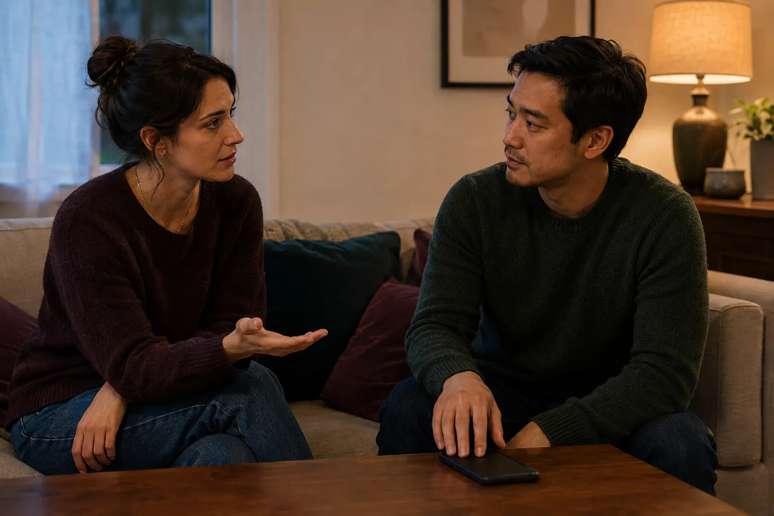 Couple discussing deleted messages with one phone placed screen down