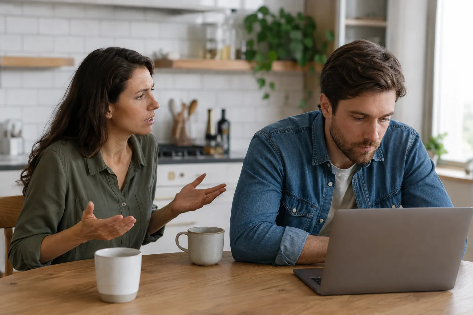 A woman tries to speak with her partner while his attention remains on an unbranded laptop