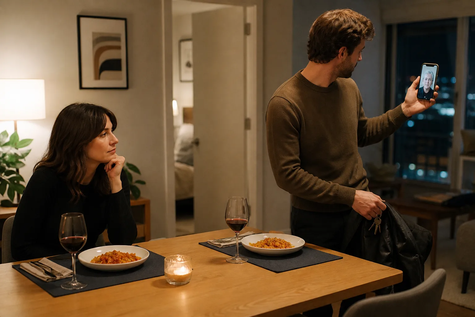 A woman waits beside dinner while her partner leaves to answer an extended family request