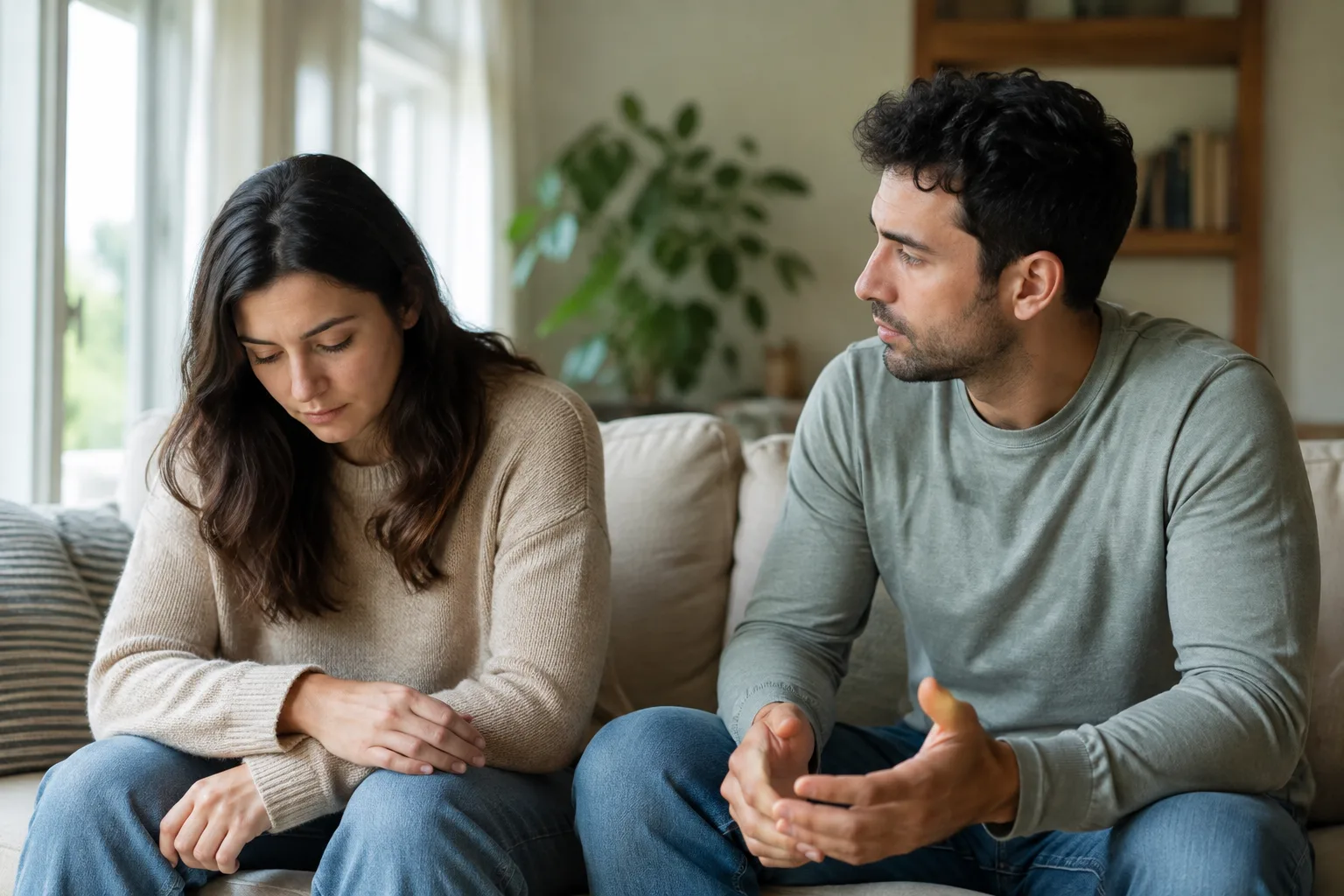A quiet woman sits apart while her concerned partner waits during a difficult conversation