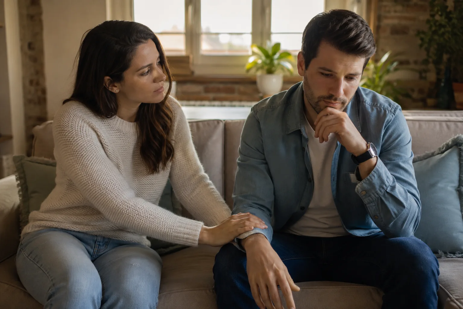 A woman gently reaches toward her thoughtful partner after noticing less affection between them