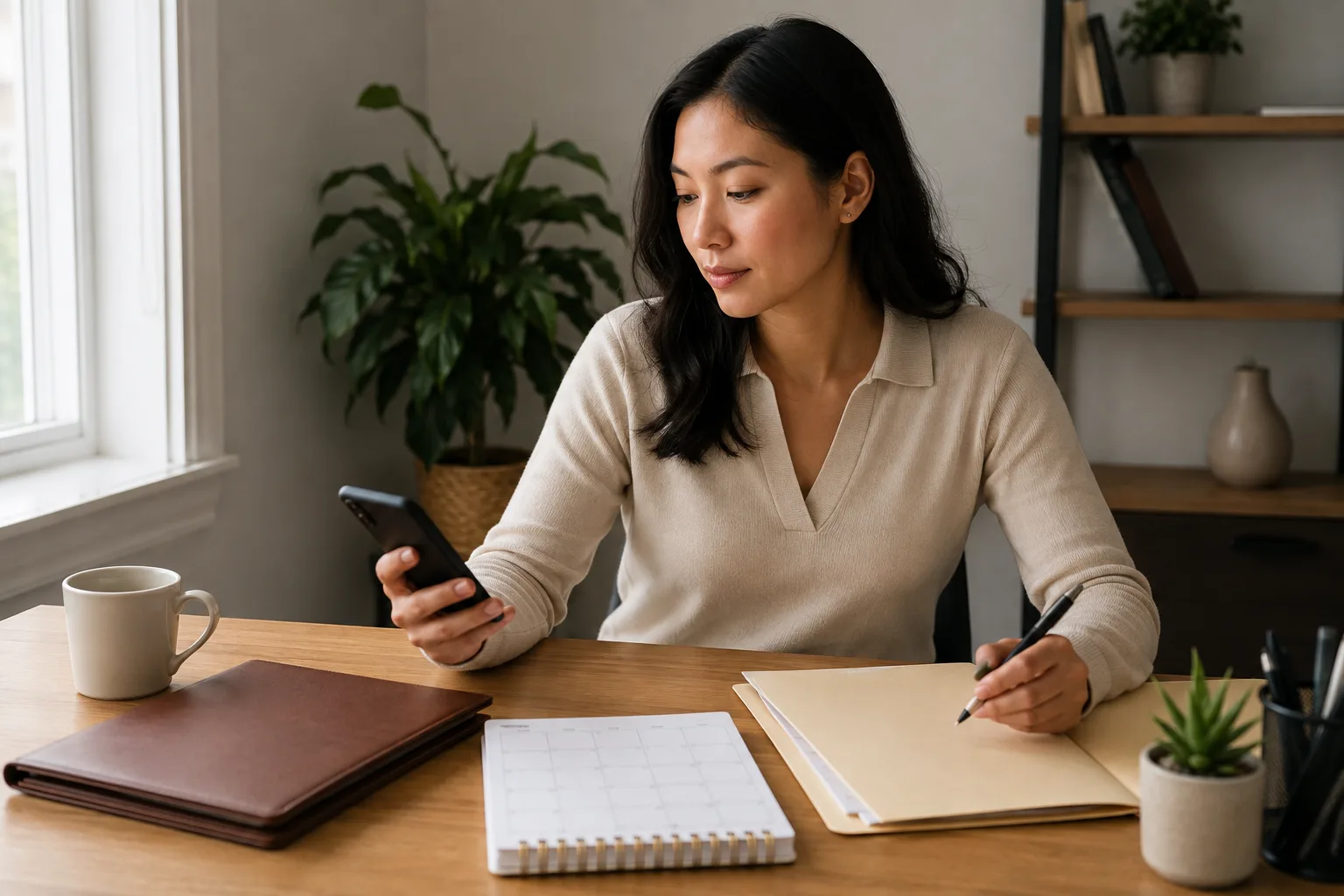 A job candidate checks a silent phone while continuing work on another application