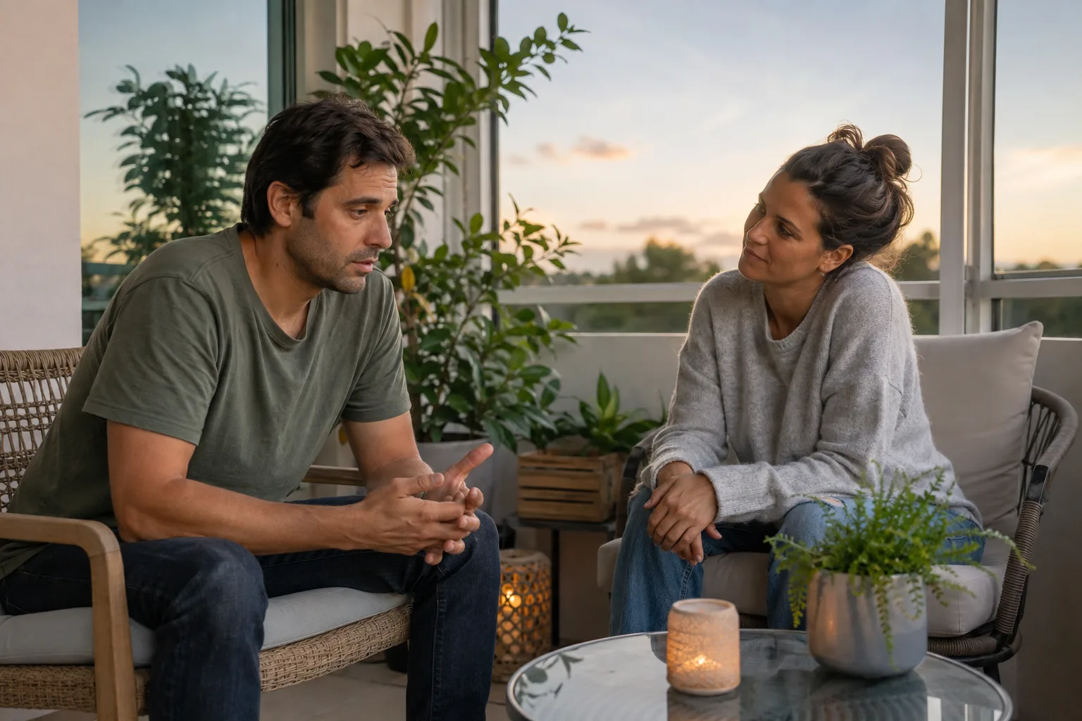 A supportive partner listens while a man explains anxiety about marriage