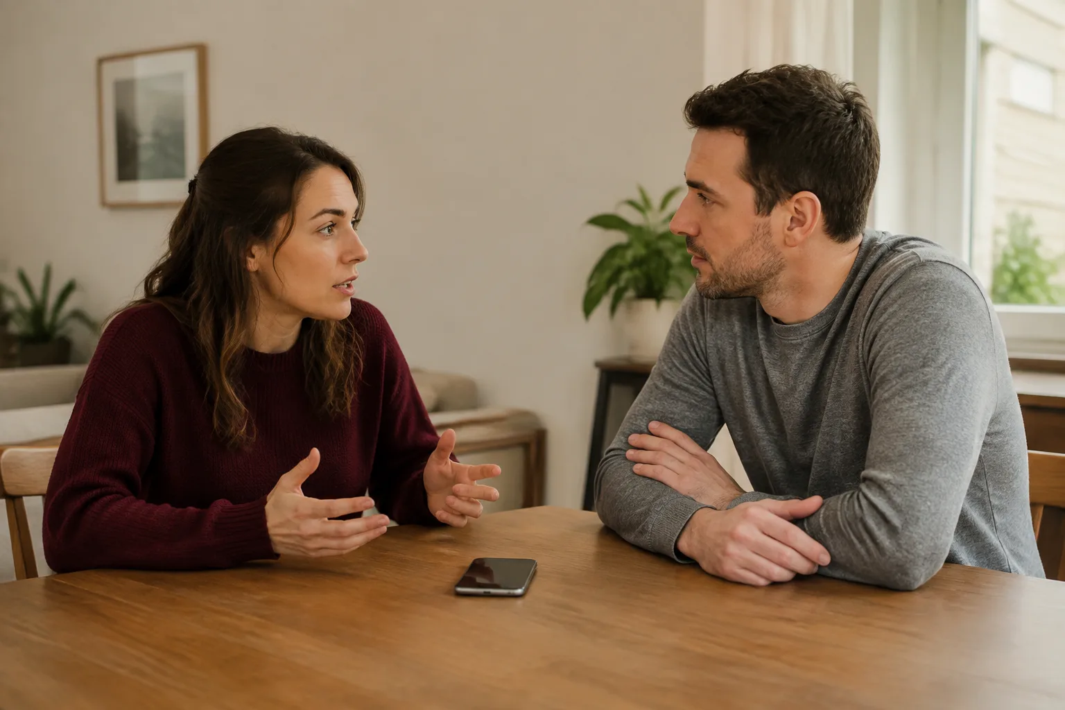 A couple discussing a concern across a dining table with a phone between them