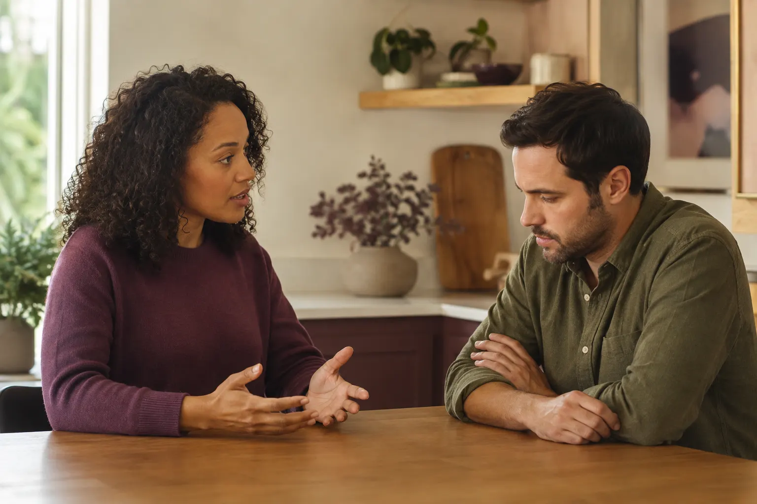 Couple discussing unresolved hurt calmly at a kitchen table