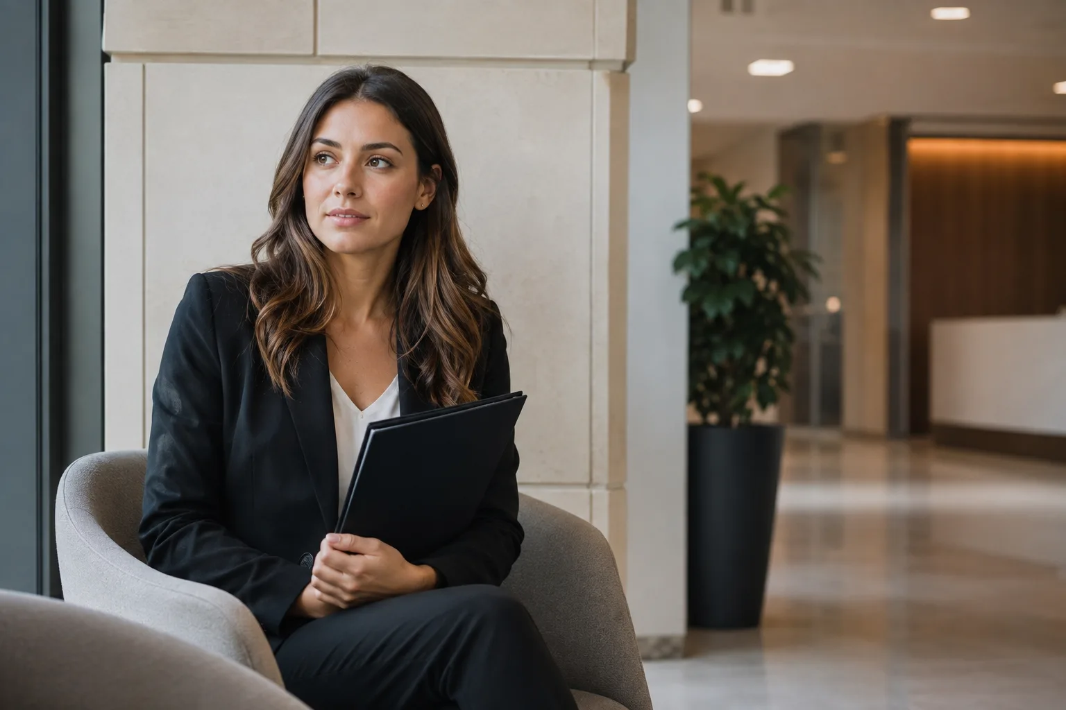 A job candidate waits thoughtfully in a neutral office lobby after an interview