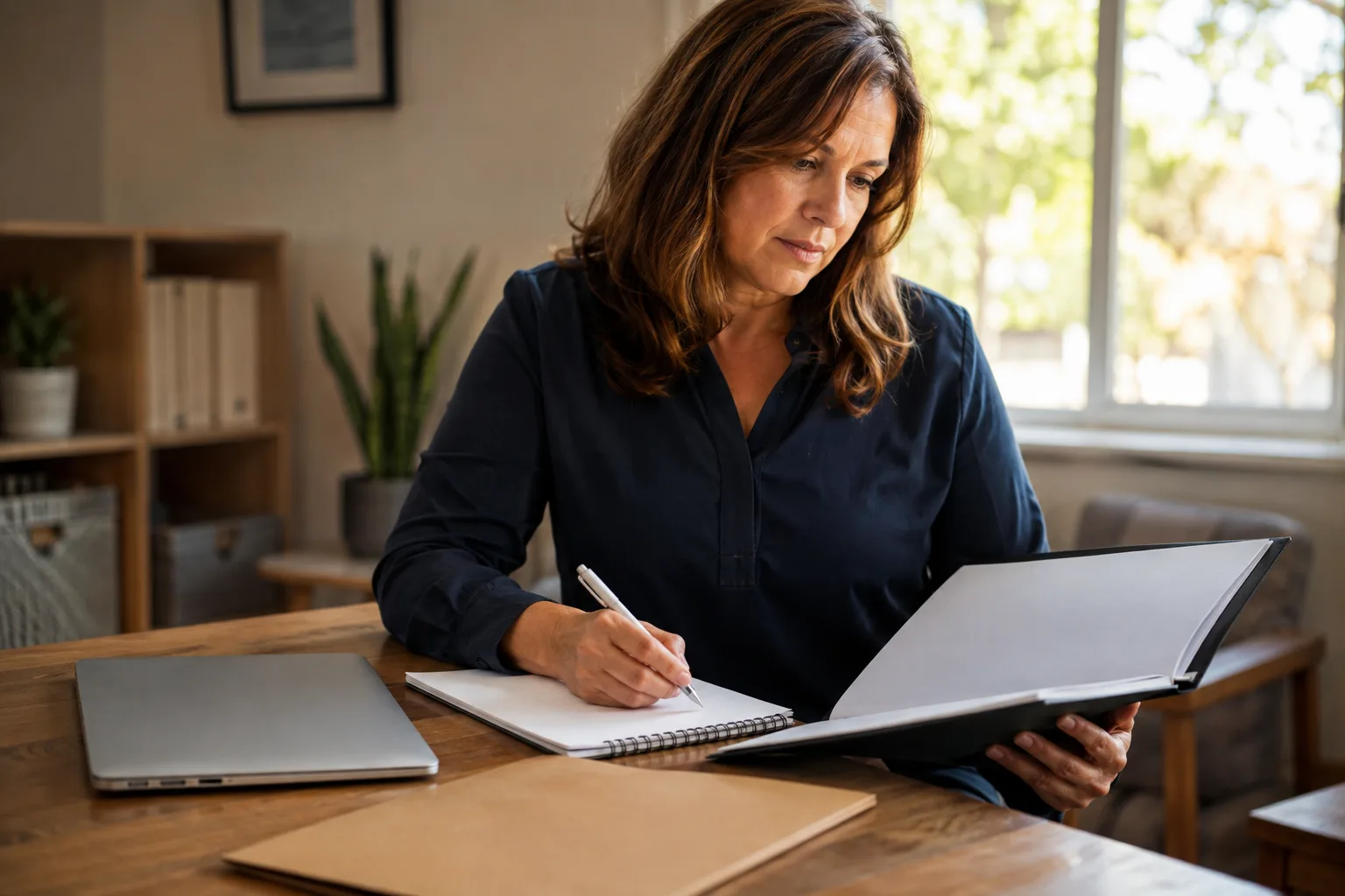 A thoughtful employee reviews a contingency plan beside a closed laptop in a quiet office