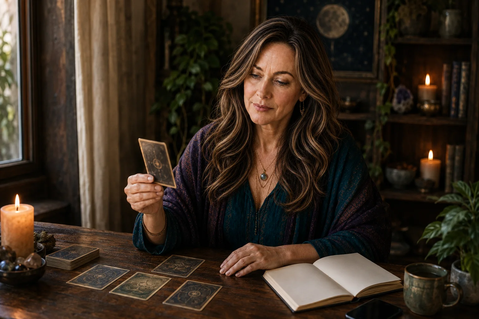 Maria holding a tarot card beside a notebook in her warm reading room