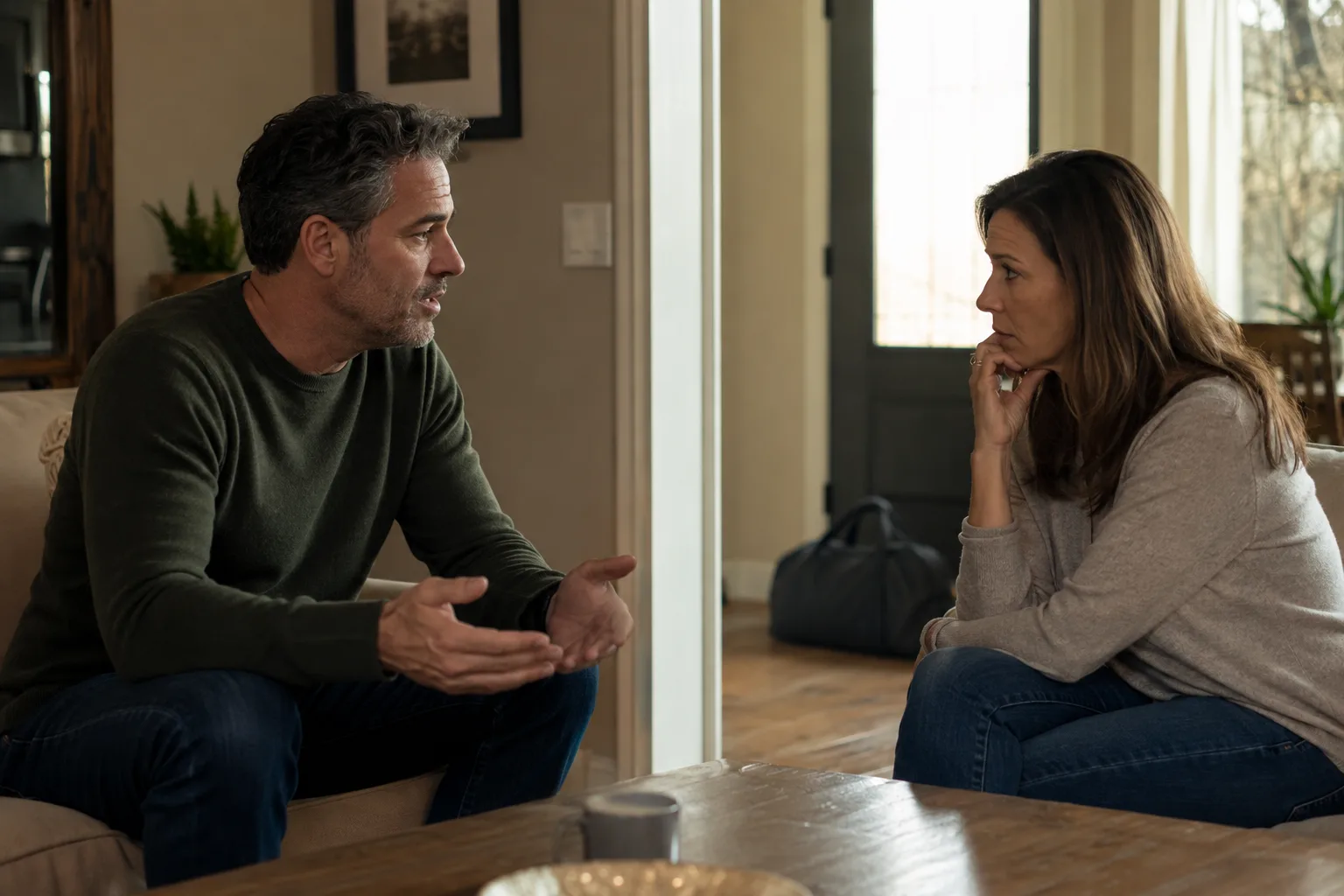 A separated married couple has a careful conversation with a closed overnight bag near the doorway