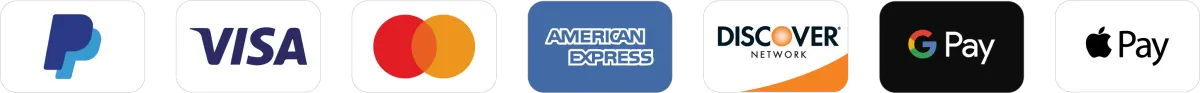 PayPal, Visa, Mastercard, American Express, Discover, Google Pay and Apple Pay accepted